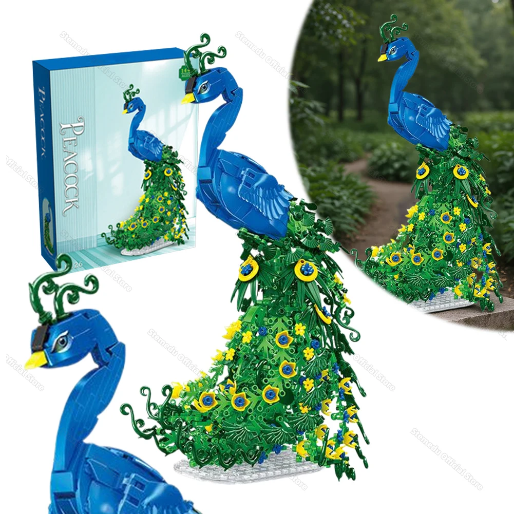 Flowery Peacock Nature Animal Small Particle Assembly Building Blocks Model Sets Ornaments Creative Bird Bricks for Living Room