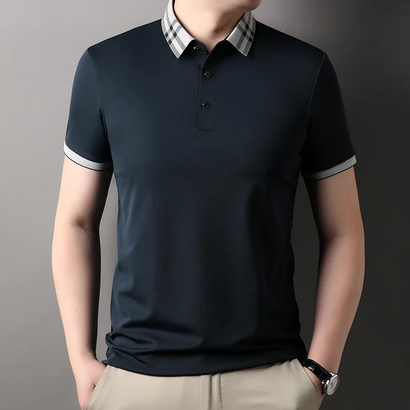 Seamless Summer Solid Color Men's Polo Shirts Luxury Short Sleeve Business Simple Classics High Elasticity Man Tees