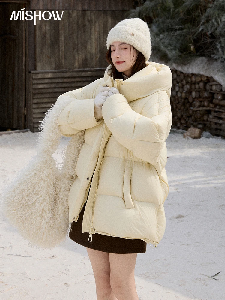 MISHOW suave 90 chaqueta con capucha de terciopelo para mujer 2025 chaqueta de pan amarillo leche de invierno chaqueta suelta abrigo de terciopelo cálido MXE92Y0090