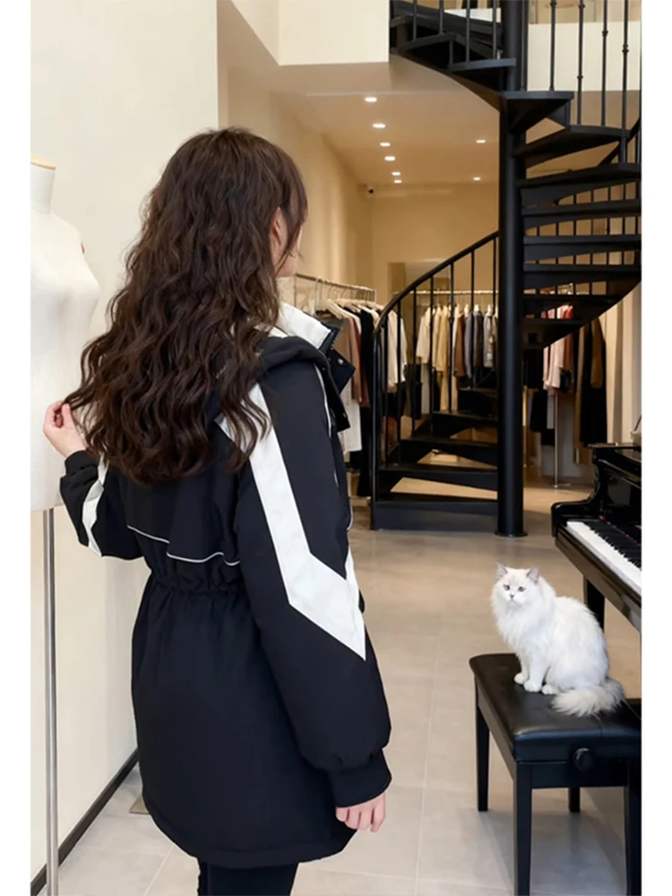 

Slimming Versatile Mid-Length Hooded Cotton Jaet Women's Trendy Splicing Faionable Design Winter New Arrival Outerwear