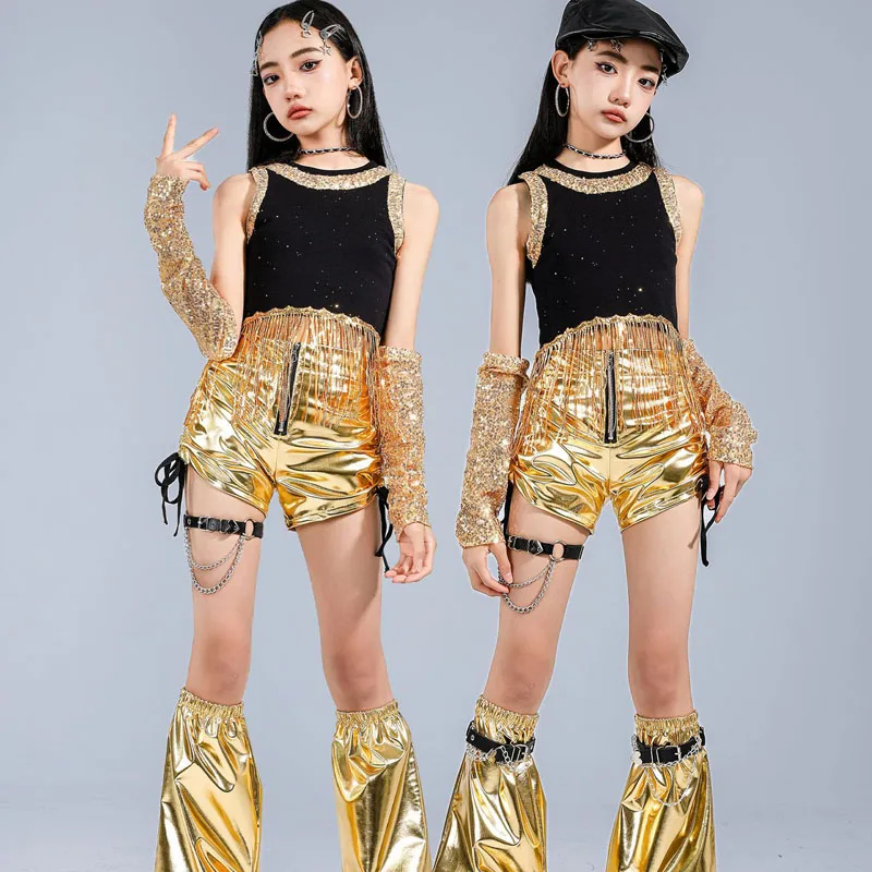 

Детский танцевальный комплект K-pop: укороченный топ с пайетками и бахромой, одежда для девочек, хип-хоп, стритстайл, джаз-костюмы