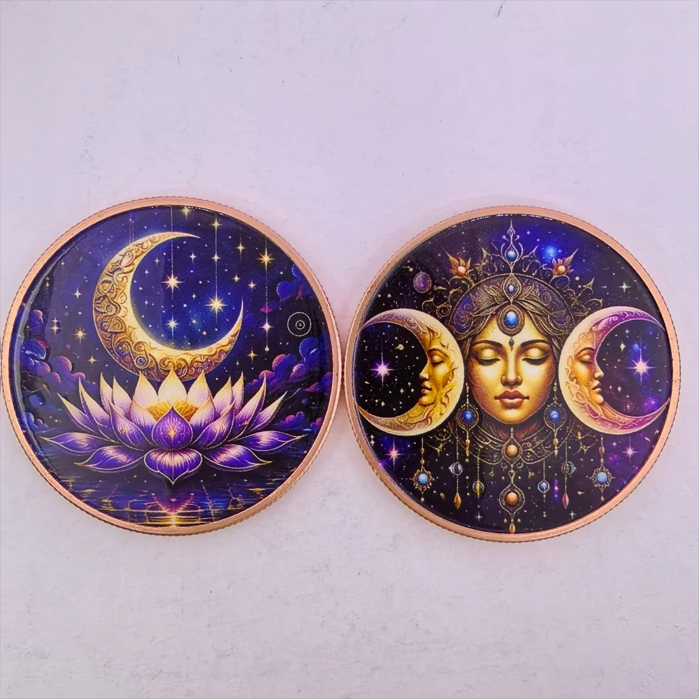 1 OZ .999Copper Coin Triple Moon Goddess Lotus Moon Cosmic Celestial Color Painted Commemorative Coin Souvenir Gift Collector