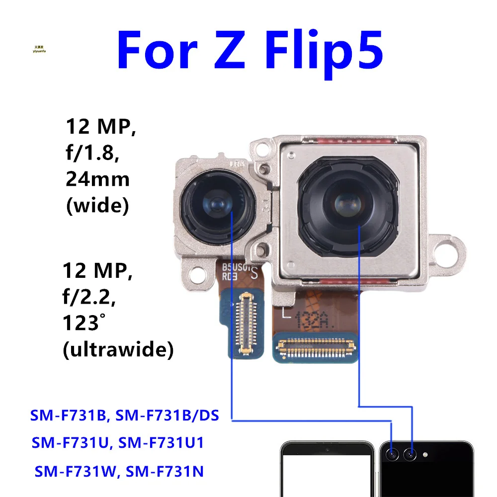 For Samsung Galaxy Z Flip5 SM-F731B/DS F731 Back Big Rear Main Camera Module Small Facing Front Camera Flex Cable Ultrawide