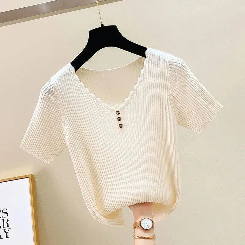 Women Sweater Summer Korean Fashion Style Top Short Sleeve New In Loose V Neck Ice Silk  Female Clothes 2023