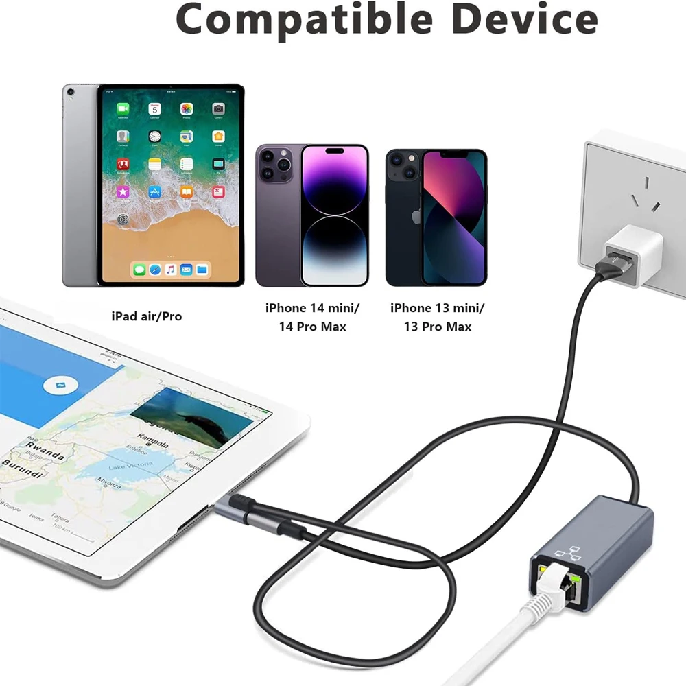 Internet RJ45 for Lightning iPhone 14 13 12 11  8 7 6 5 /iPad/iPod Ethernet LAN Network Adapter with Charge Adapter Port 20W