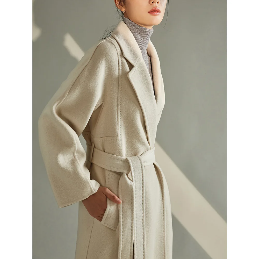 

Зимнее пальто Shengdu: Новинка, классическое, из кашемира и шерсти, двустороннее, твидовое, с отложным воротником, с жемчугом, длинное, женская модная верхняя одежда