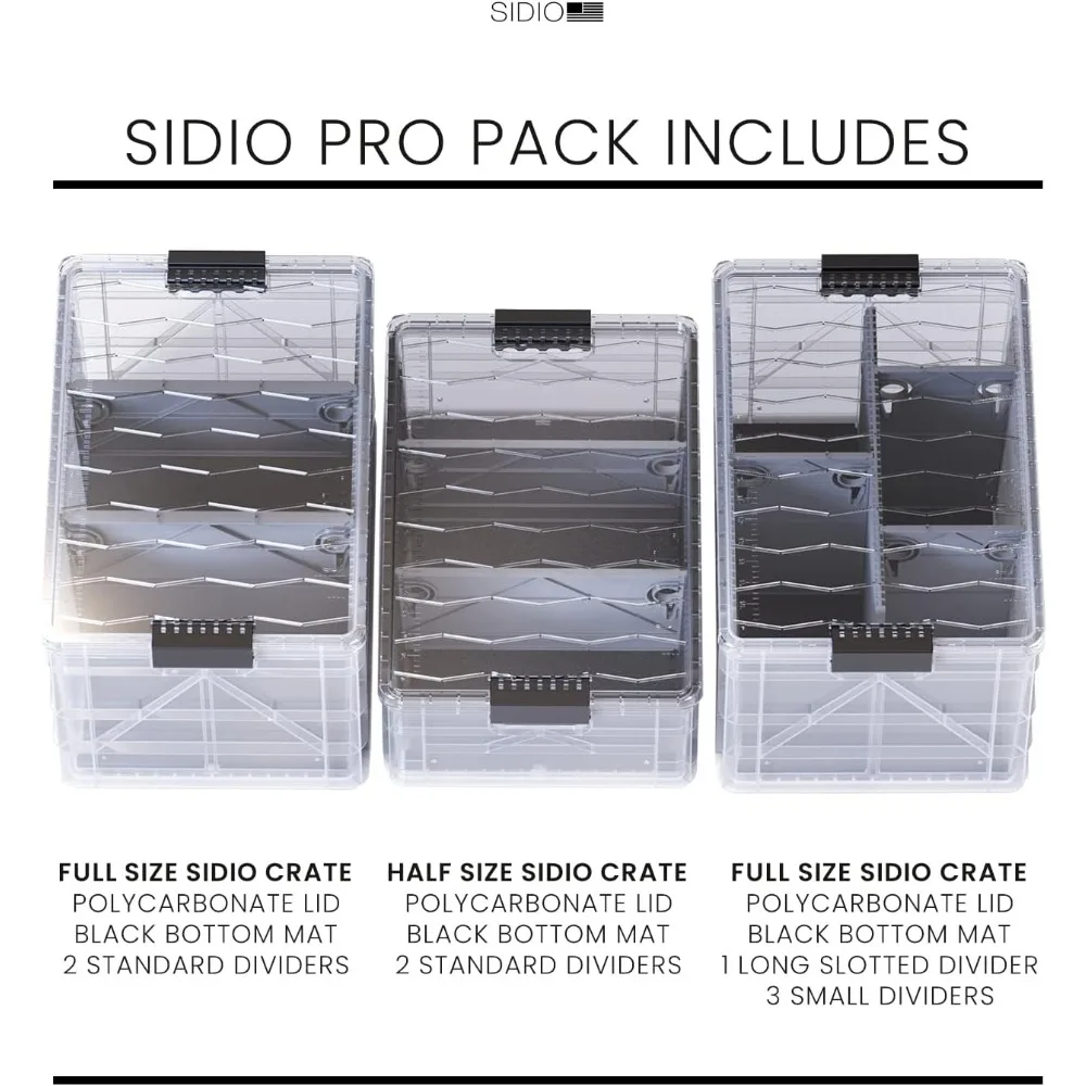 SIDIO CRATE Pro Pack: Set of Two Large and One Medium Heavy-Duty Stackable Storage Bins with Lids and Dividers