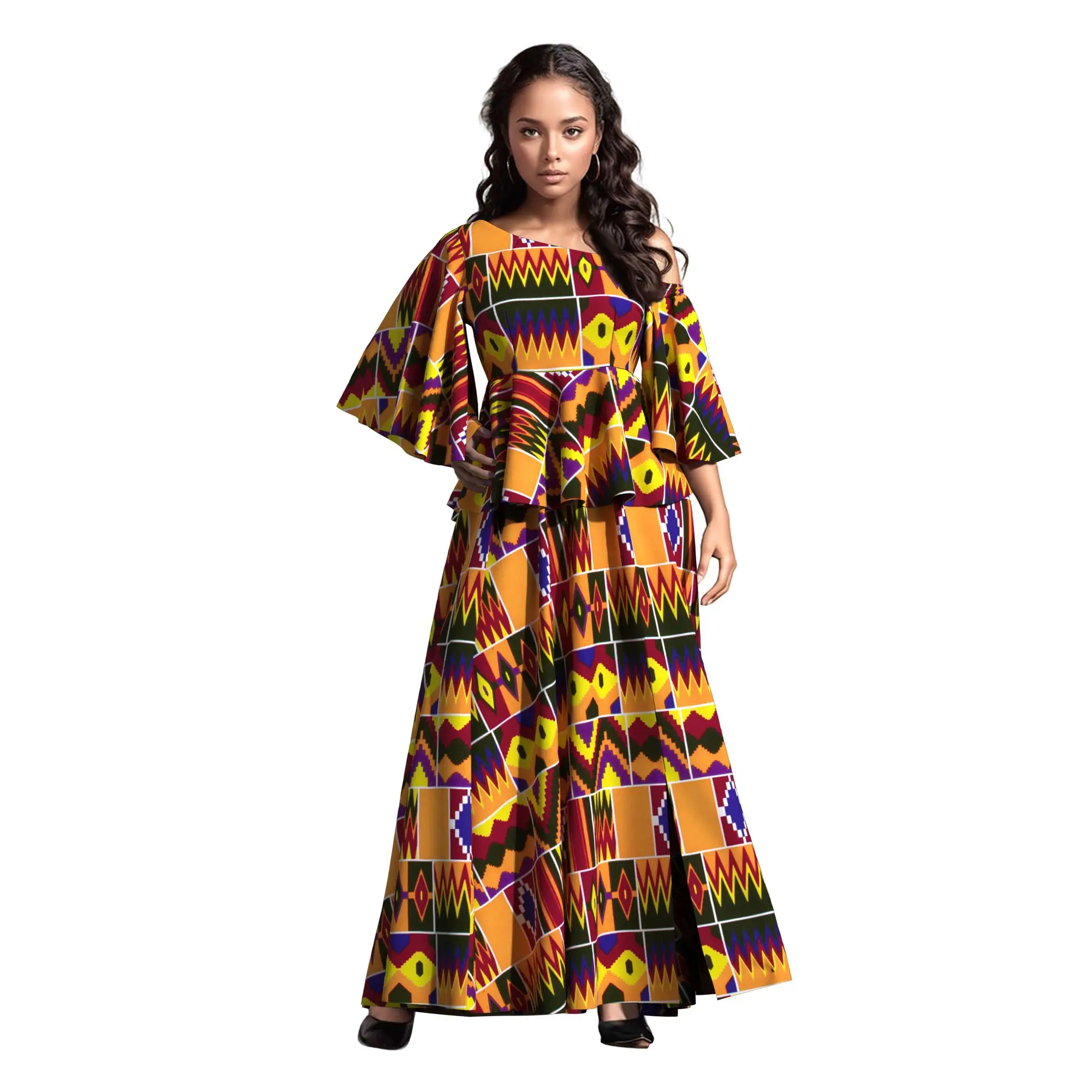 African Women 2 Pieces Set Flare Sleeve Shirt and Maxi Long Skirt Outfit Elegant Dashiki Party Wedding Clothing Wy10550