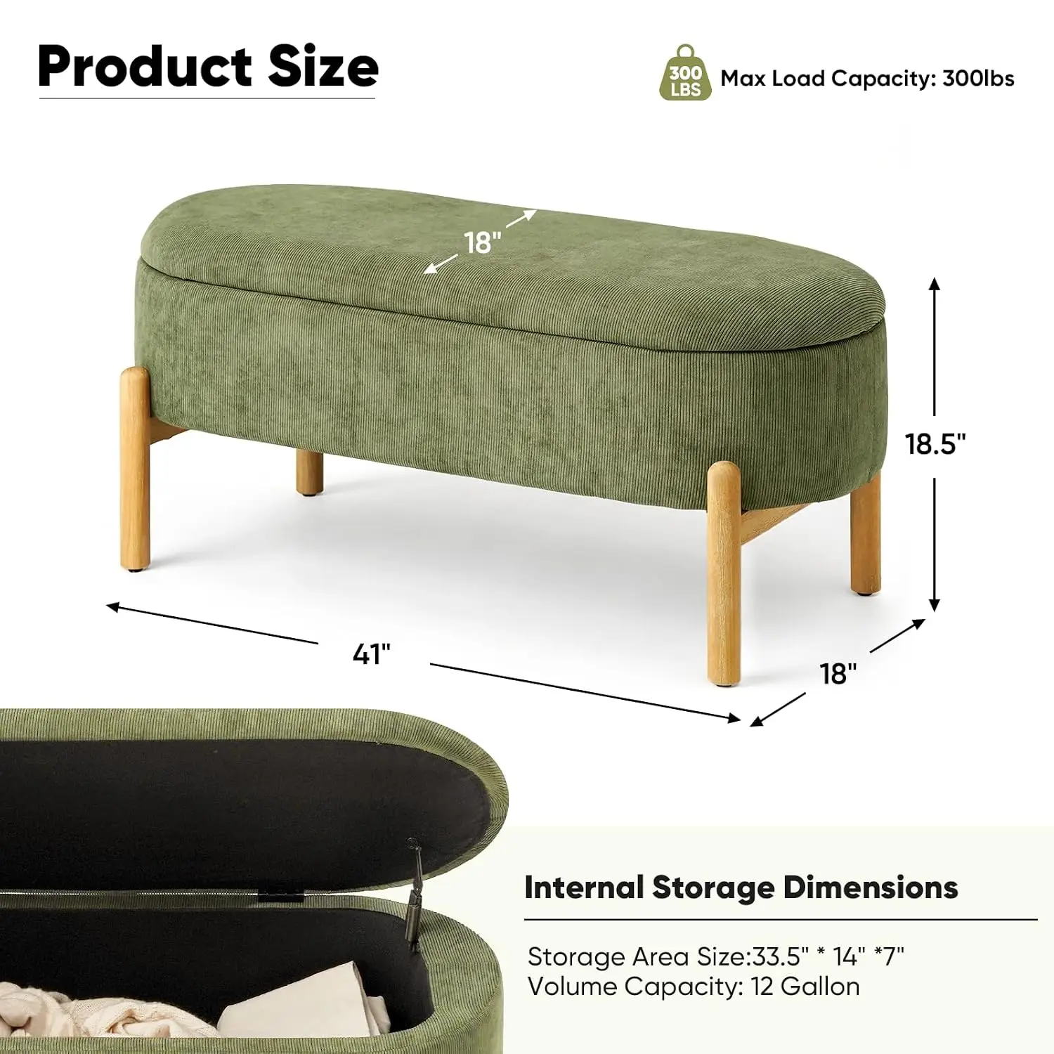 Corduroy Storage Ottoman Bench With Hidden Compartment, Green, Customized