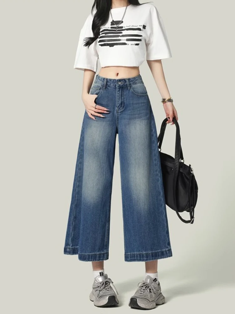 

High Waist Wide Leg Jeans Women Loose Fit Straight Leg Pants plus Size Casual Wear Washed Denim Trousers for Plump MM