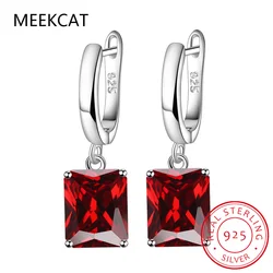 Emerald Cut Genuine Red Garnet Ruby 925 Sterling Silver Dangle Drop Earrings for Women Colorful Gemstone Fine Jewelry