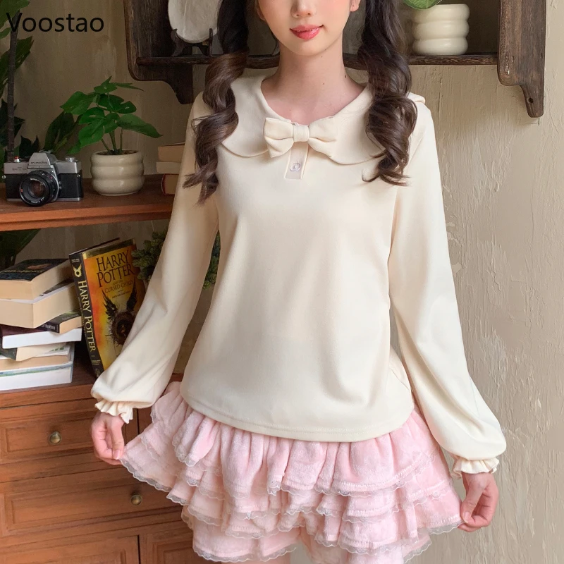 

Autumn Winter Japanese Sweet Lolita T-Shirts Women Y2k Aesthetics Long Sleeve Bow Kawaii Tops Female Korean Fashion Casual Tees