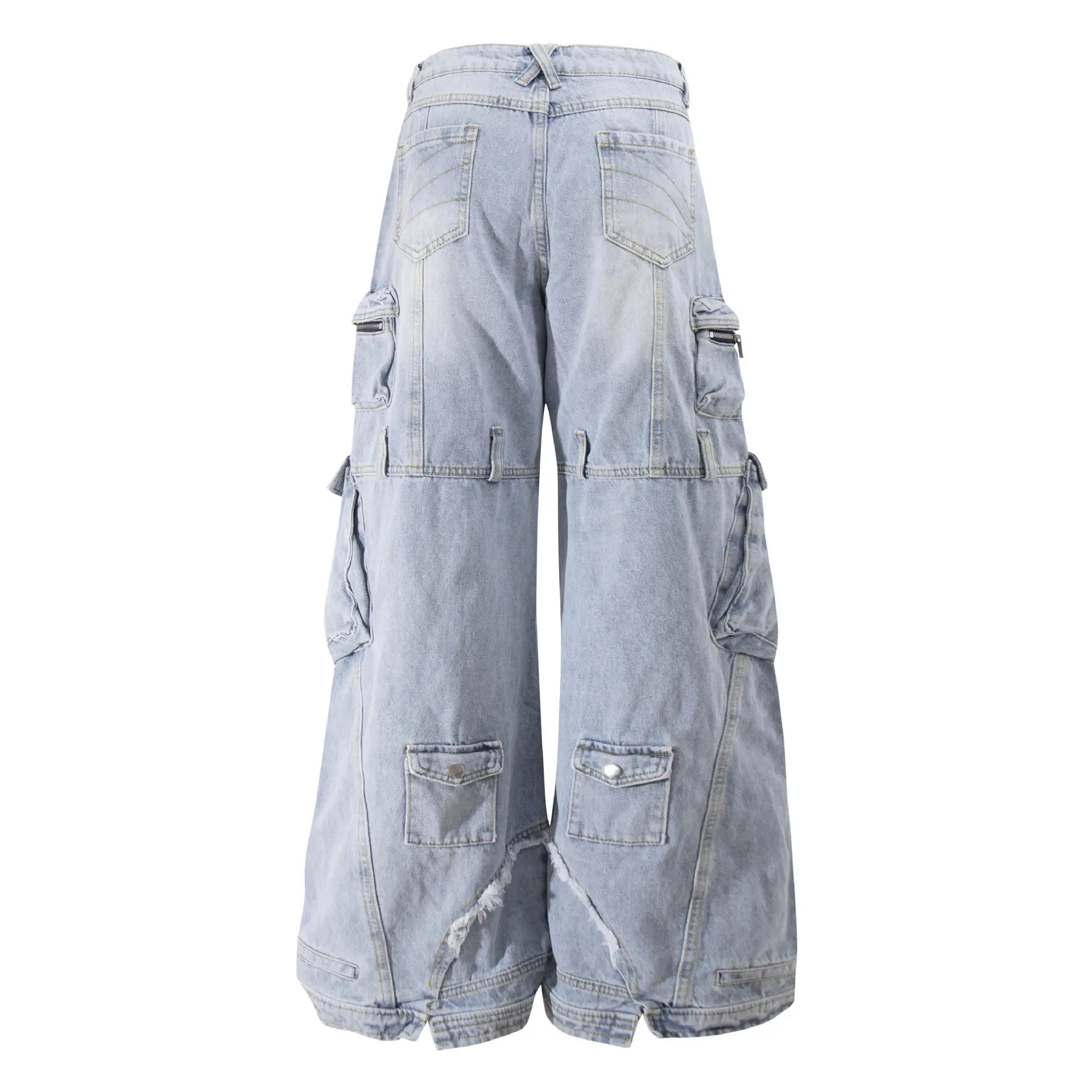 Men Fashion Vibe Style Hip Hop Cargo Jeans Pants With Multi Pockets High Street Washed Vintage Techwear Denim Trousers Y2K Jeans