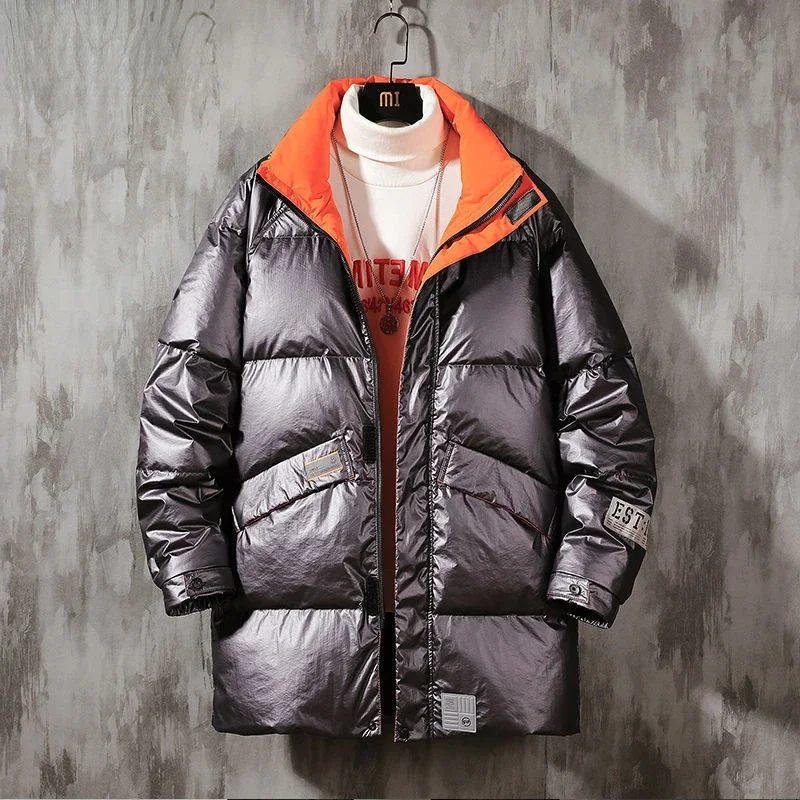 Plus Size Men Down Jacket Winter Jacket Thickened Warm Mid-length Windbreaker Pockets White Duck Down Bomber Down Jacket Coat