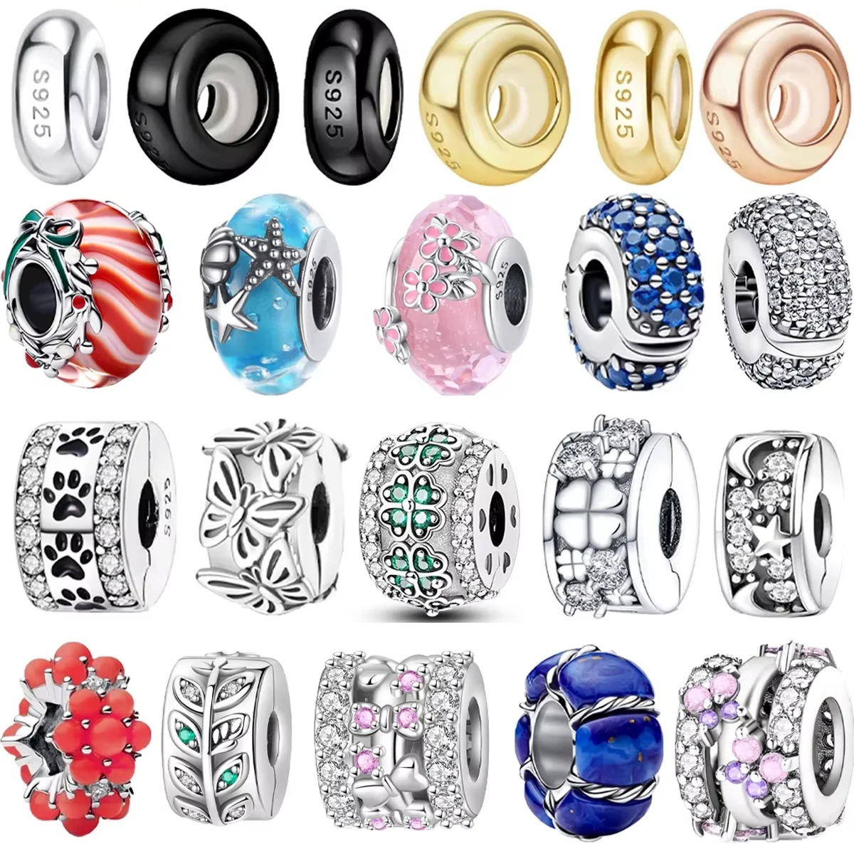 925 Sterling Silver Colorful Round Simple Silicone Spacer Fashions Beads Clip Charm for Original DIY Bracelet Fine Jewellery
