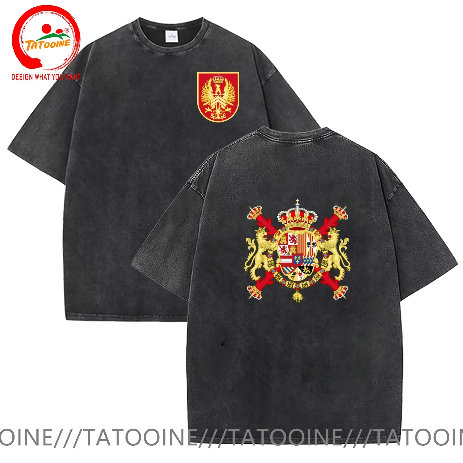 

Vintage Washed Cotton T-Shirt Funny Designer Royal Coat of arms of Spain T Shirt Men Fashion Trendy Casual Clothing Stylish Tops