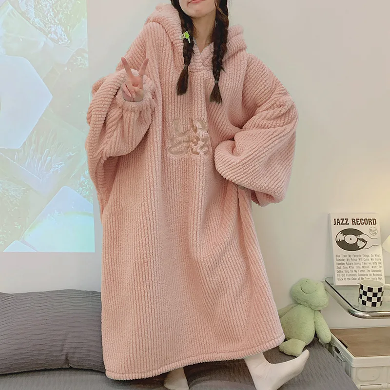 Oversize Loose Nightgown Hooded Nightdress Bathrobe Gown Women Thicken Coral Fleece Sleepwear Winter Homeclothes Cute Loungewear