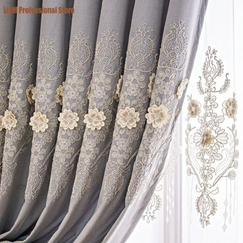 European Modern Curtains for Living Room Bedroom Blackout Luxury Window Embroidered Tulle Villa Elegant Valance Decorate Custom