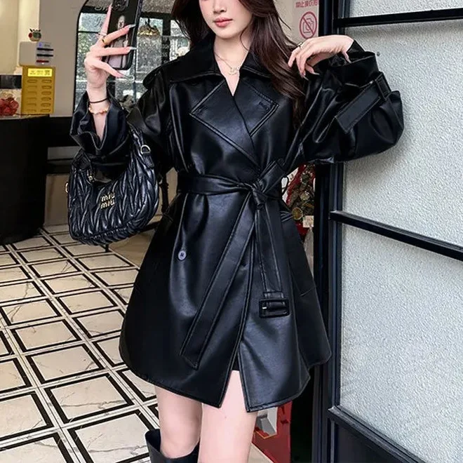 

Women's Mid-Length Biker Jacket Slimming Waist High-End Leather Coat Spring 2025 Korean Style Fashionable Outerwear