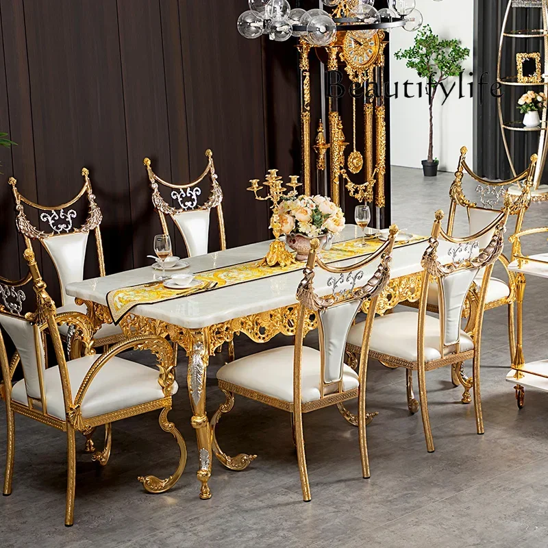 hh Natural marble dining table European table dining chair combination villa hollow carved rectangular dining table