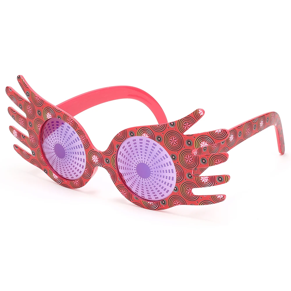 Neuartige Maskenbrille in Handform, roter, gewirbelter Druckrahmen, violette Gläser, lustige dekorative Brille für Ball, Karneval und Kostüme – Detail 2