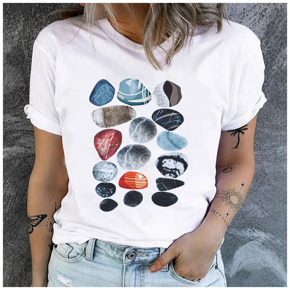 Women's Cotton 100% Trapezoidal stone Print Base T-shirt Loose round Neck Casual Short Sleeve Fashion  Wholesale Clothing Summer