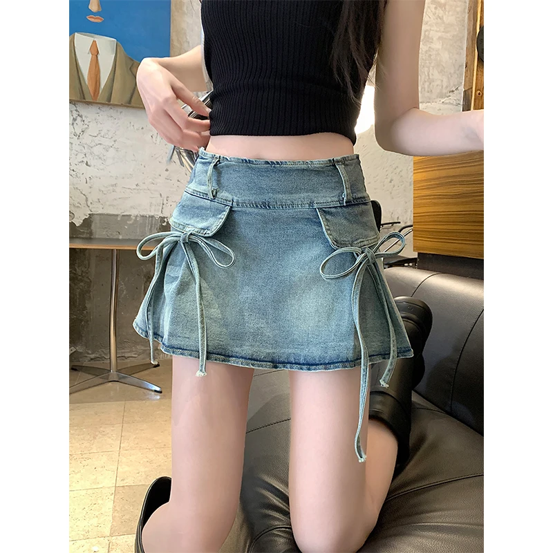 

MEXZT Y2K Bow Denim Mini Skirt Women Vintage Belt Cargo Skirts Summer 2000S Streetwear Korean High Waist A Line Jeans Skirt New