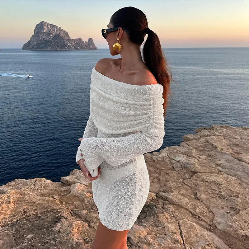 CHNMR Women Elegant See Through Soild Dress Female Hollow Out Off-Shoulder Long Sleeve Mini Dresses Casual Beach Party Vestidos