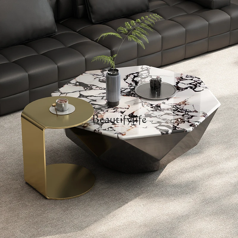 Mesa de centro de alta gama con forma especial para sala de estar, hogar, luz de lujo, negro, moderno, simple, de acero inoxidable