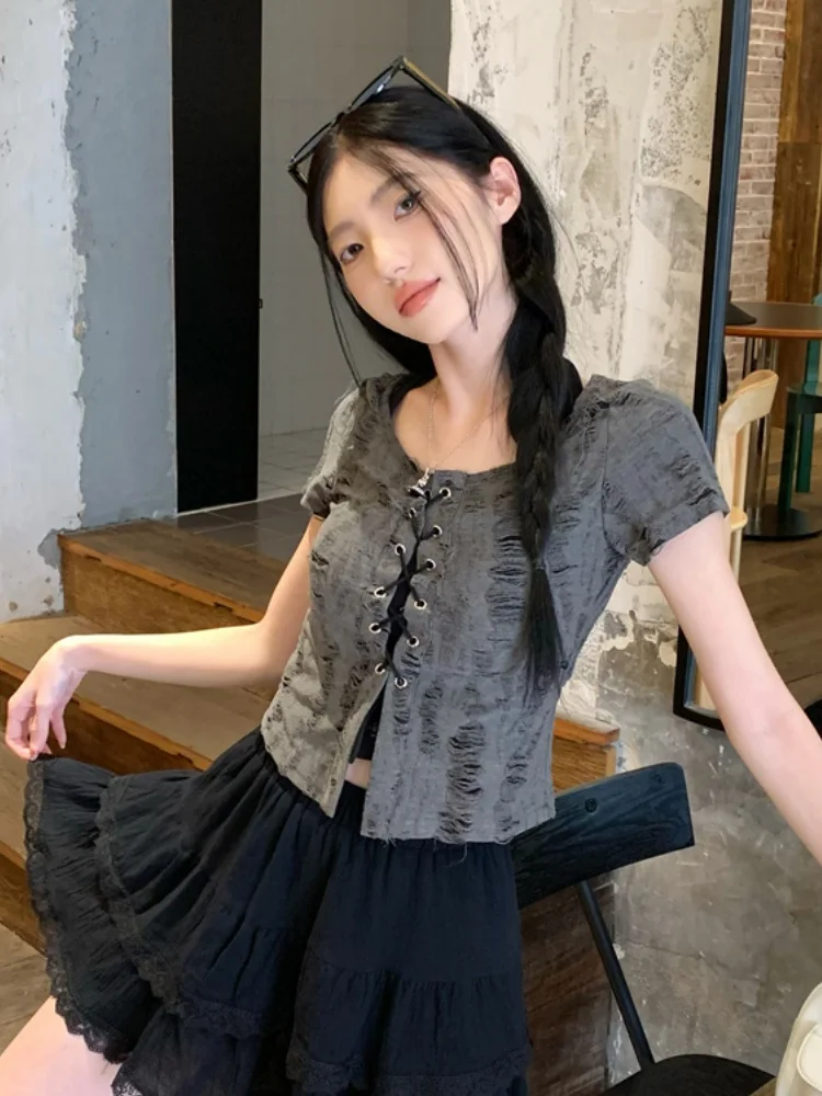 Retro ey Hollow out ort Sve Dames Inner Wear Strap Design Dstring Belt Top Tweedelige set Faionable Casual Wear