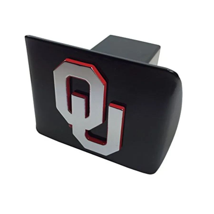 

University of Oklahoma METAL emblem chrome with crimson trim on black METAL Hitch Cover