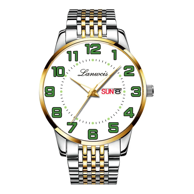 Large Dial Men's Digital Watch Elderly Watches Solid Steel Strap Gold Black Chinese English Dual Calendar Waterproof Clock