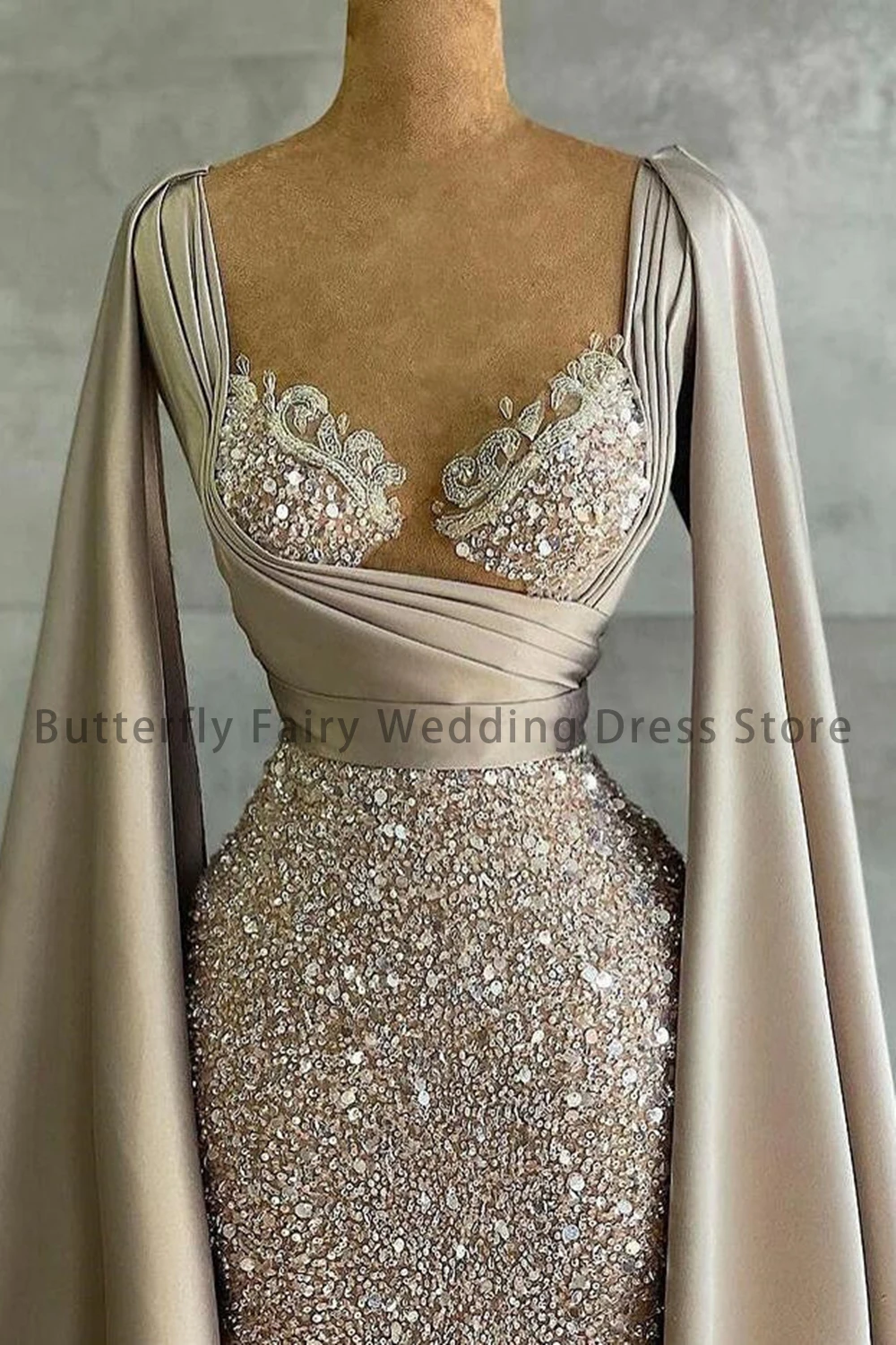 Luxury Mermaid Evening Dresses with Hat Sleeve Sequins Formal Princess Prom Gowns Arabic Robe De Soriee2023 Vestidos Noche Abiye