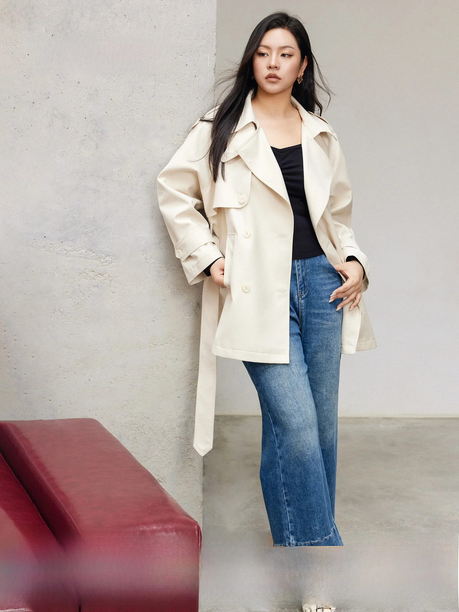 

Plusmall Spring Floral Pattern British Style Short Woven Coat Women's Spring Edition with Scarf Casual Loose Fit Long Sleeve