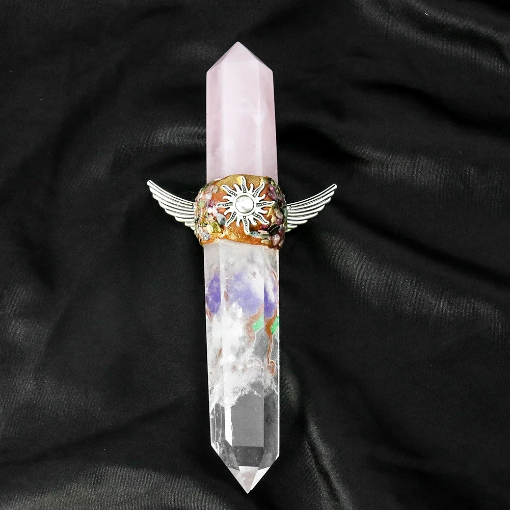 19cm Natural White Pink Crystal Quartz Double Pointed Herkimer Diamond Wand Sceptre Sun Goddess Wings Wiccan Reiki Energy Props