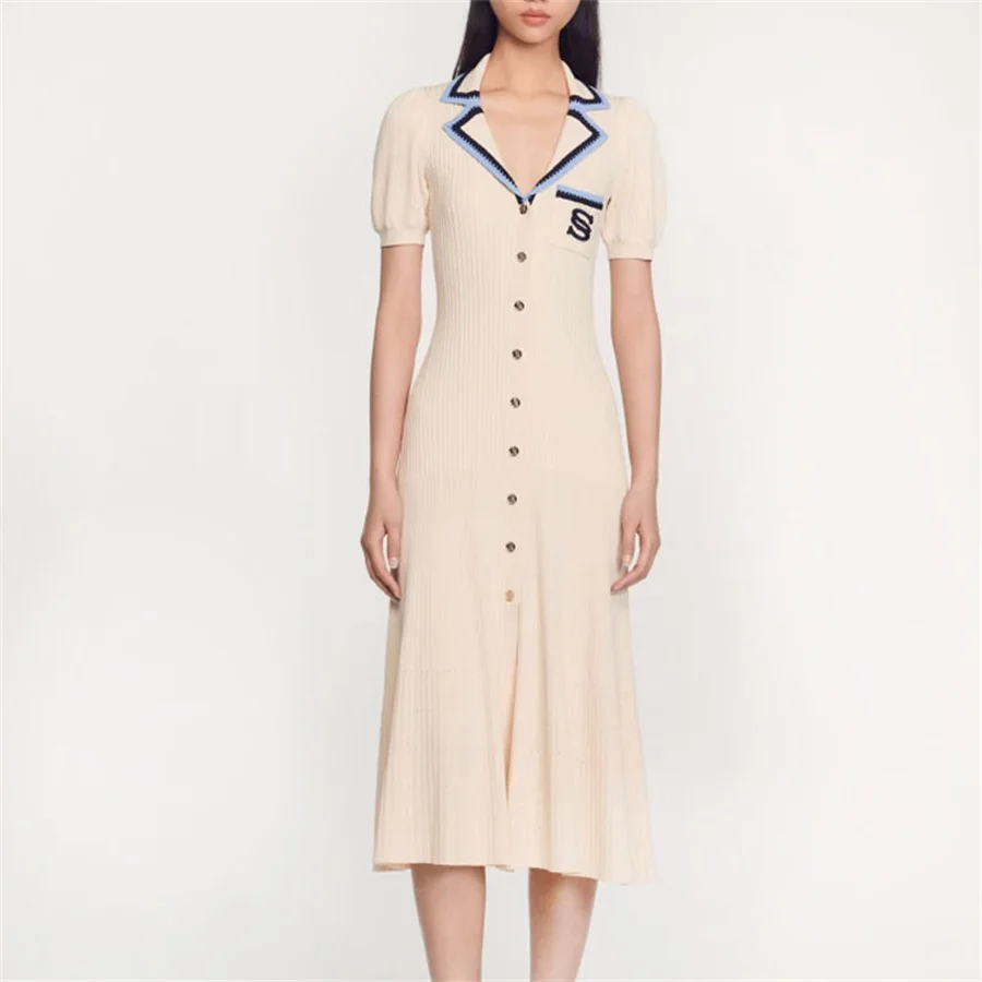 

New Robe POLO Collar Long Dress Embroidered Elegant Temperament And Slim Fit Knit Dresses Lady Vestidos