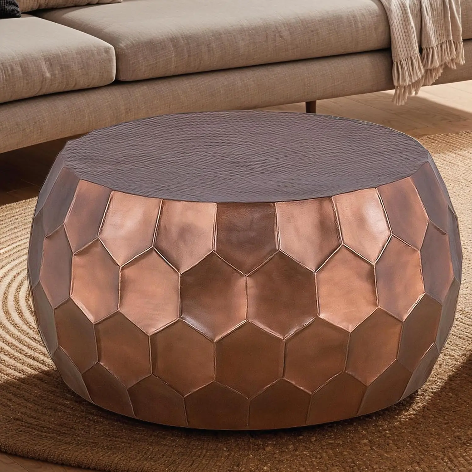 Antique Copper Round Aluminum Coffee Table with Hammered Base, Customized