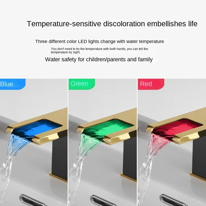 Torneira cascata de latão para pia de banheiro LED misturador quente e frio com mudança de cor preta alimentada por fluxo de água