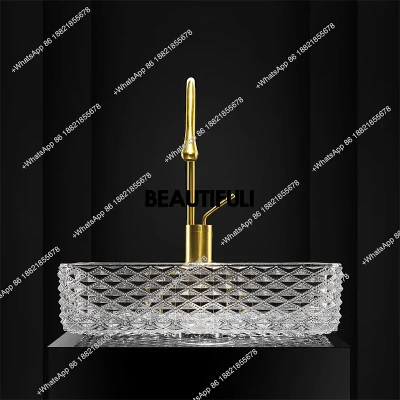 

R Basin Crystal Glass Art Tabletop Basin, Light Luxury, Transparent Die-cast Hotel Bathroom, Home Crystal Washbasin