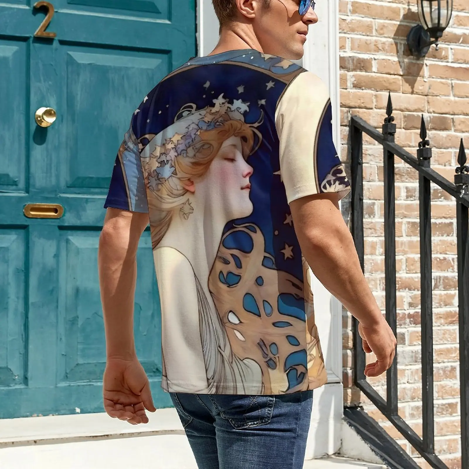Art Nouveau T Shirt For Mens Alphonse Mucha Inspired Moon and Stars Design O Neck T Shirts Summer Hip Hop Clothes