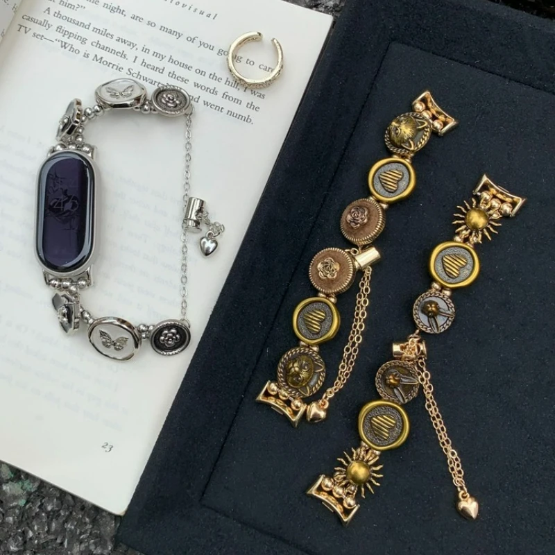 Retro Punk Sun Cat Metal Strap for Xiaomi Mi Band 8 9 10 NFC Women Vintage Coin Link for Redmi Watch 6 5 4 Wristband Accessories
