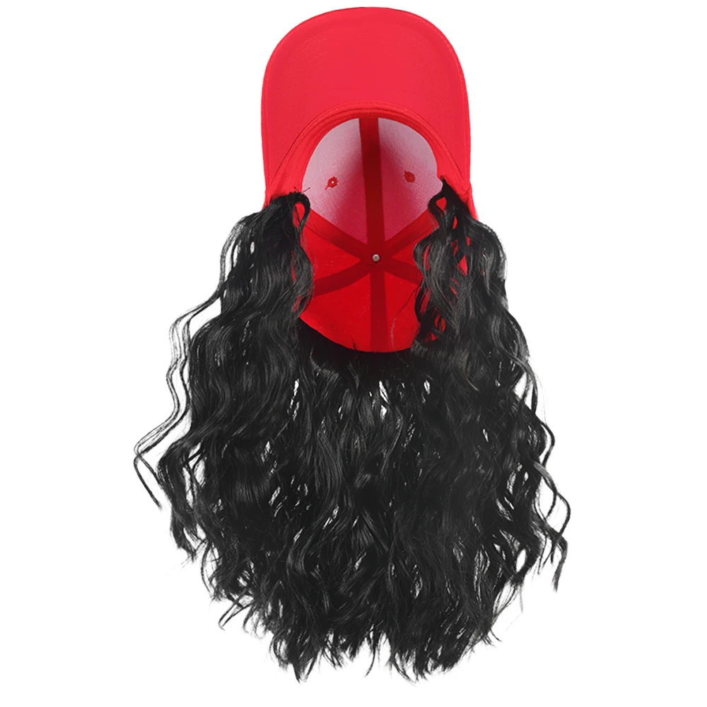 Hat Wig for Women Short Wave Baseball Cap Wig with Curly Synthetic Hair Extensions Adjustable Red Baseball Hat Wig