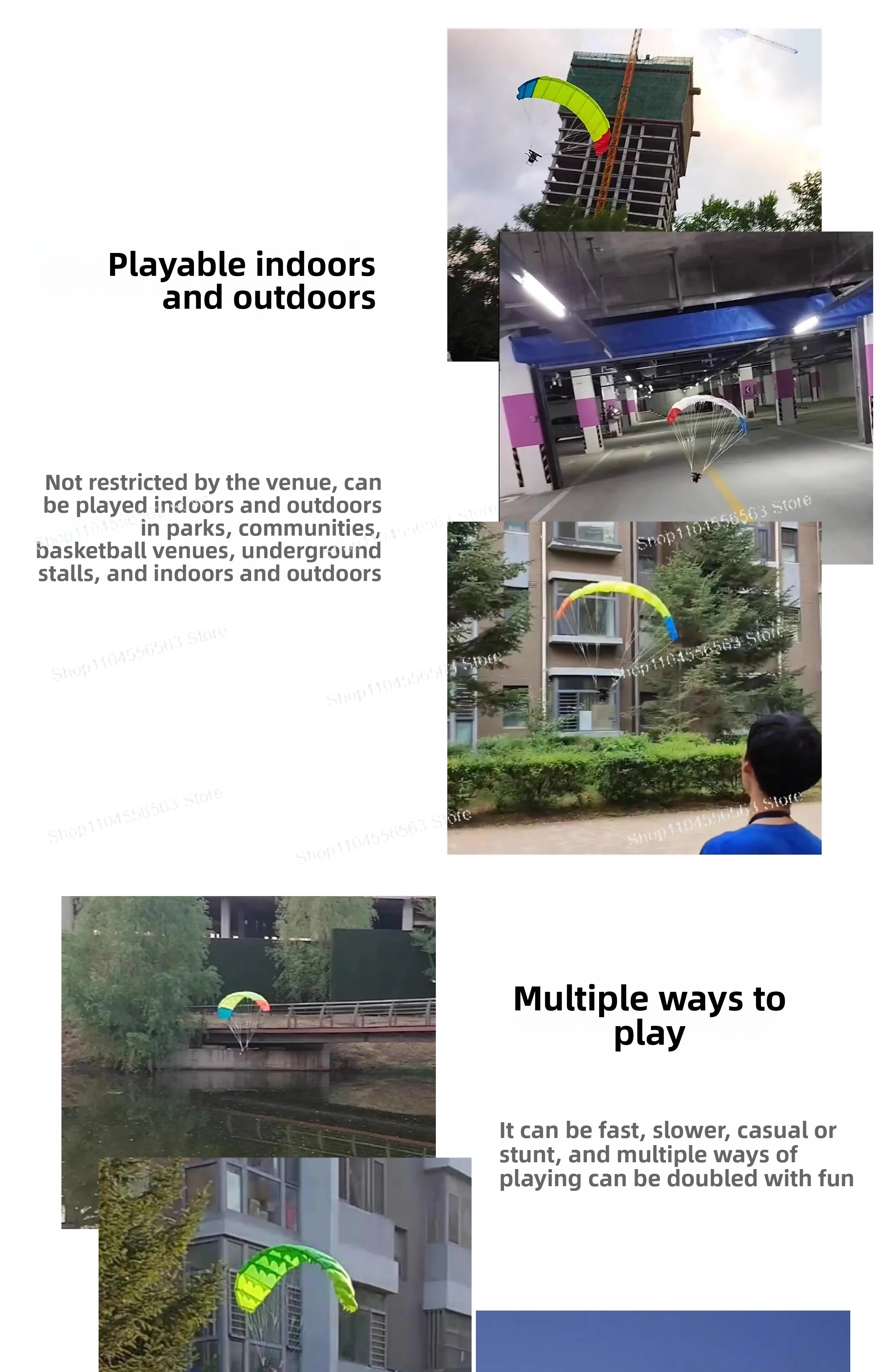 Drone de parapente movido a controle remoto de 1,5 metros Leaf1.5 para caminhar, crianças e brincando com cães, dublê voando