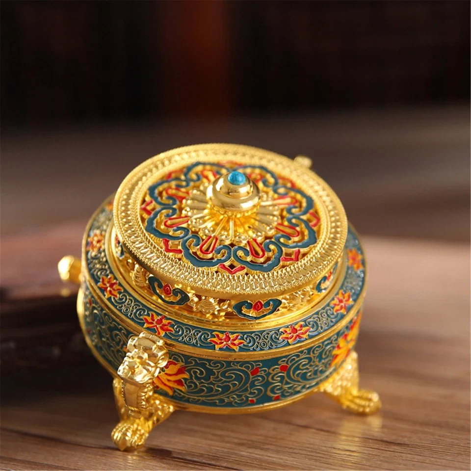 

Golden Tibetan Incense Burner Holder for Sticks Cones Coils, Metal Lotus Decor