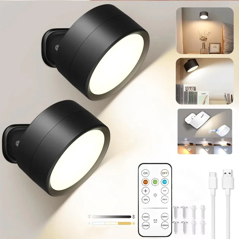 

LED Wall Mounted Lights with Remote Wireless Magnetic Wall Sconces 3 Color Dimmable USB Rechargeable for Bedroom Bedside Light