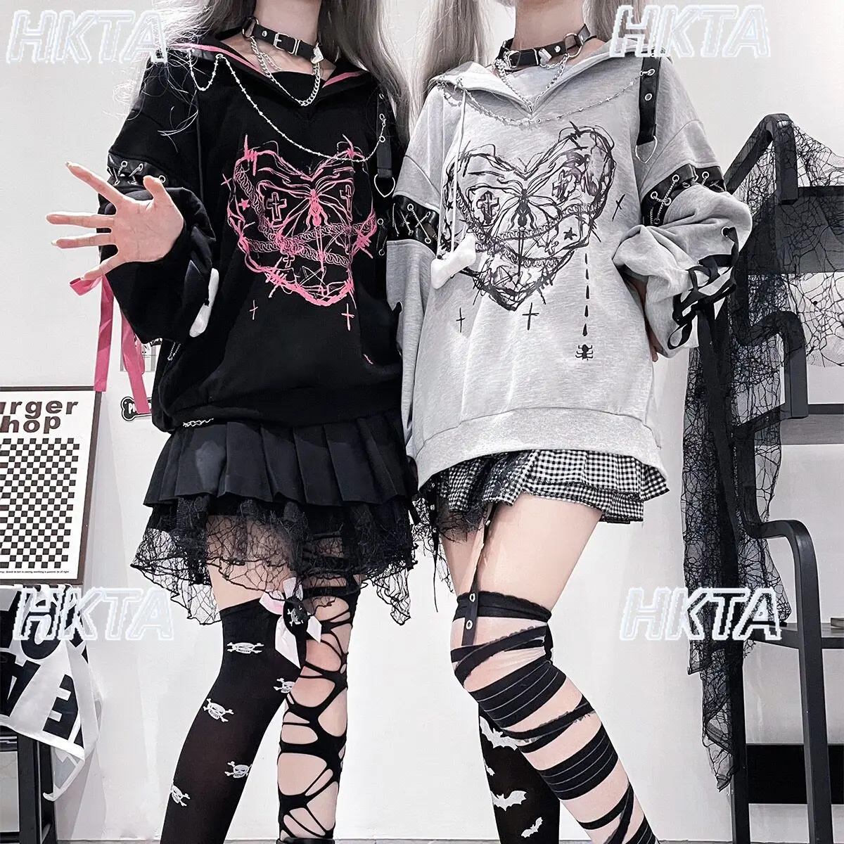 Subculture Y2k Sweet Cool Student Street Loose Casual Navy Collar Print Sweathirts Hoodies Irregular Chain Black Skirt Women