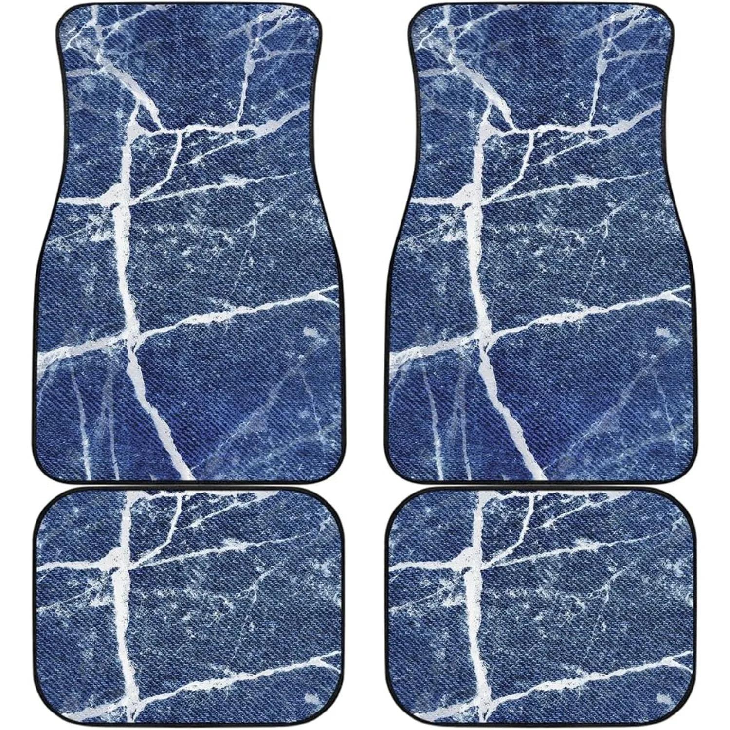 Car Floor Mats - Front And Back With Marble Denim Jeans Design | Trendy Interior Car Additions | Machine Washable & Long-Lasting