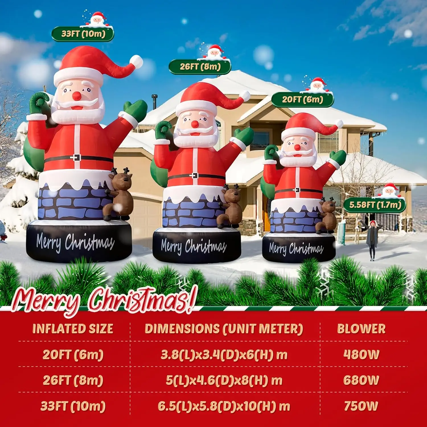 Babbo Natale gonfiabile gigante da 20 piedi nel camino con renna, grande Babbo Natale con ventilatore d'aria per la decorazione natalizia all'aperto