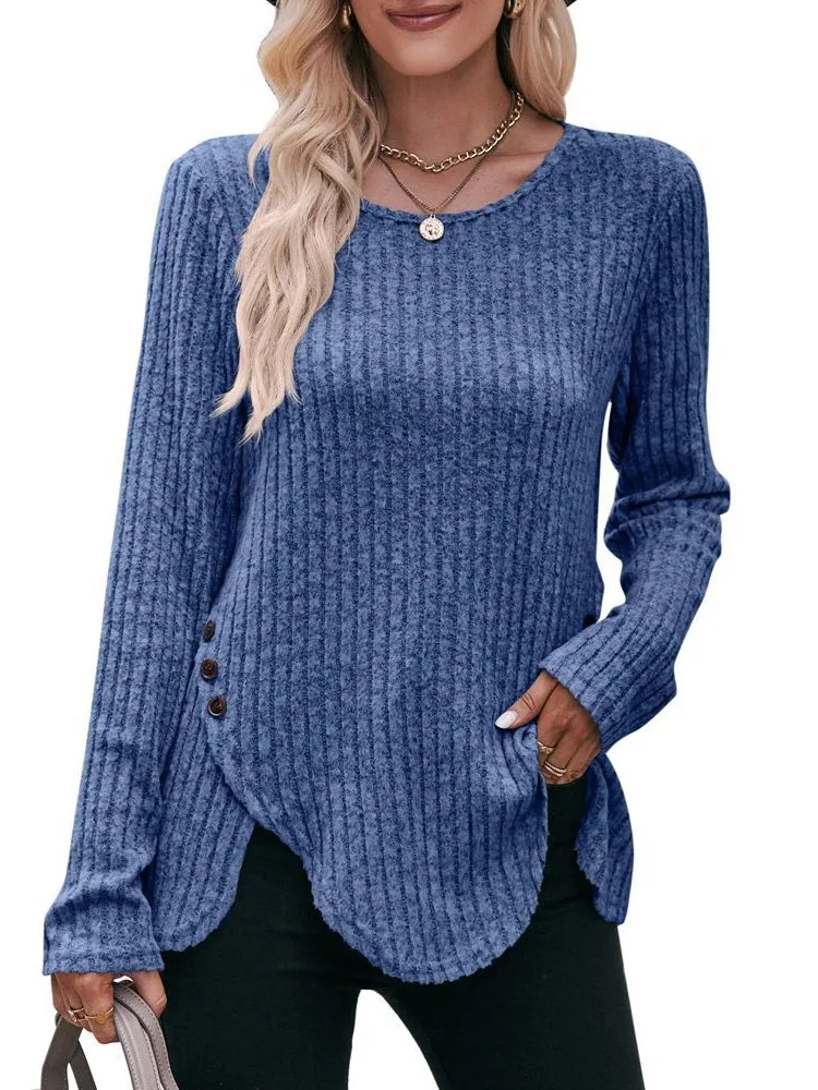 Autumn Winter New Women's Round Neck Pit Stripe Brushed Solid Color Top Long Sleeved Fashionable Button Irregular T-shirt