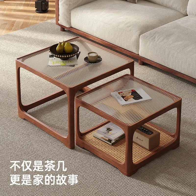 Square Glass Top Solid Wood Nesting Coffee Table Set, Minimalist Large Small Tea Table for Living Room Home Decor Furniture